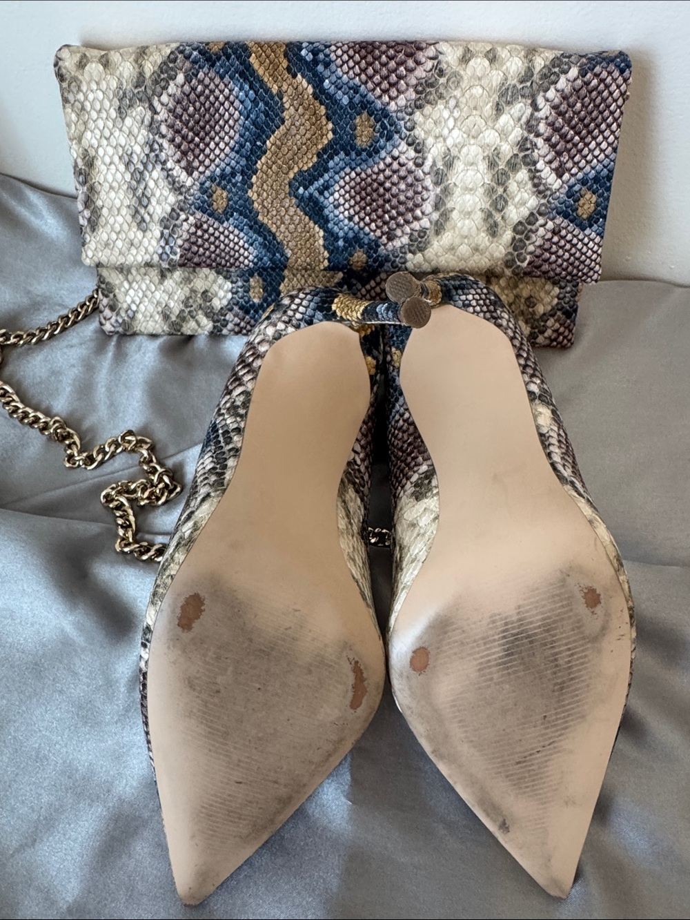Steve Madden Multicolor Snake-Print Shoes & Chain Clutch in Blue, Gold, Cream - Picture 6 of 11